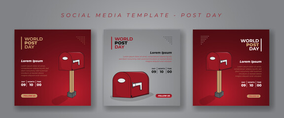 Social media post template with post box cartoon illustration in red and gray background design