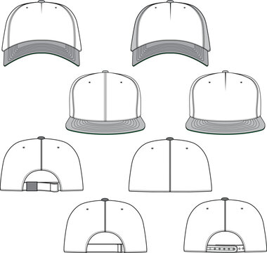 Variety blank cap hat fashion design flat sketch mock-up templates