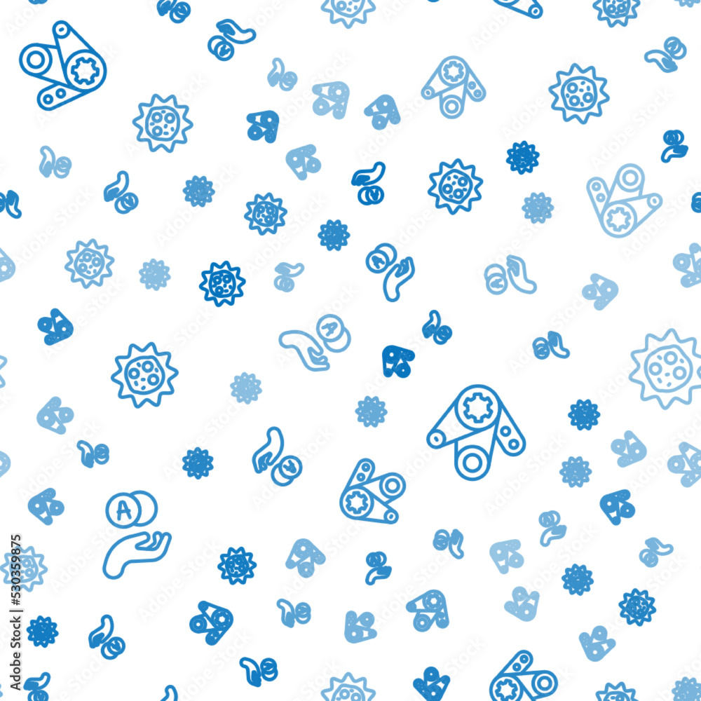Poster set line atom, timing belt kit and virus on seamless pattern. vector