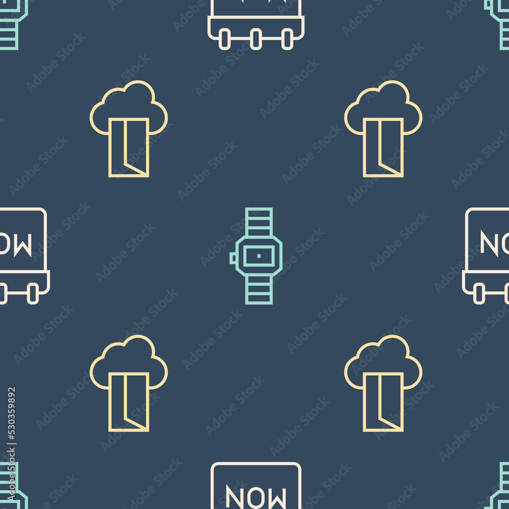 Poster set line calendar, cloud database and wrist watch on seamless pattern. vector