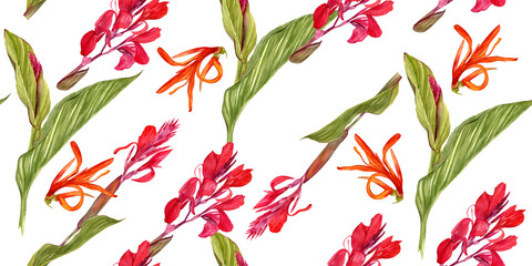 Seamless fashion pattern with watercolor illustrations of a canna lily flower on a white background. Exotic red canna flower and jungle leaves to print on textiles or for backdrop.