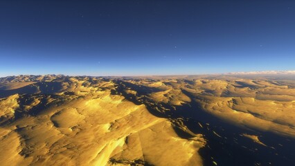 Mars like red planet, with arid landscape, rocky hills and mountains, for space exploration and science fiction backgrounds.