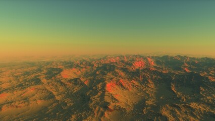 Mars like red planet, with arid landscape, rocky hills and mountains, for space exploration and science fiction backgrounds.
