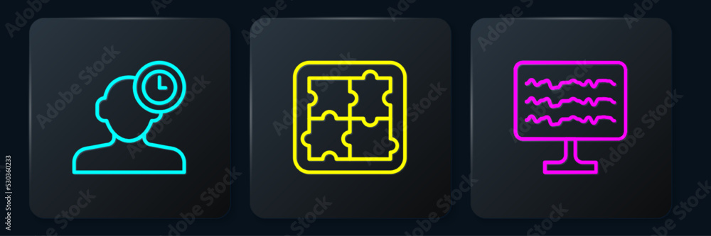 Poster set line insomnia, encephalogram and solution problem in psychology. black square button. vector