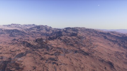 Mars like red planet, with arid landscape, rocky hills and mountains, for space exploration and science fiction backgrounds.