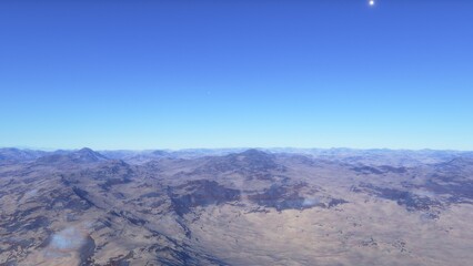 Mars like red planet, with arid landscape, rocky hills and mountains, for space exploration and science fiction backgrounds.