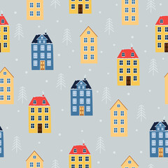 Seamless pattern with winter houses and christmas trees on grey background. Template for winter Christmas design.