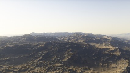 Mars like red planet, with arid landscape, rocky hills and mountains, for space exploration and science fiction backgrounds.