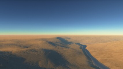 Mars like red planet, with arid landscape, rocky hills and mountains, for space exploration and science fiction backgrounds.