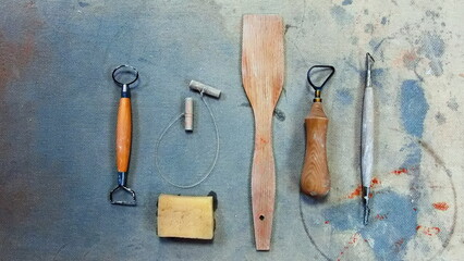 Basic Pottery Toos. Toggle Clay Cutter. Elephant Ear Sponge. The double wire end aluminum tool. Wooden shovel. Ceramic Loop Tool. Ceramic Trimming Tool.
