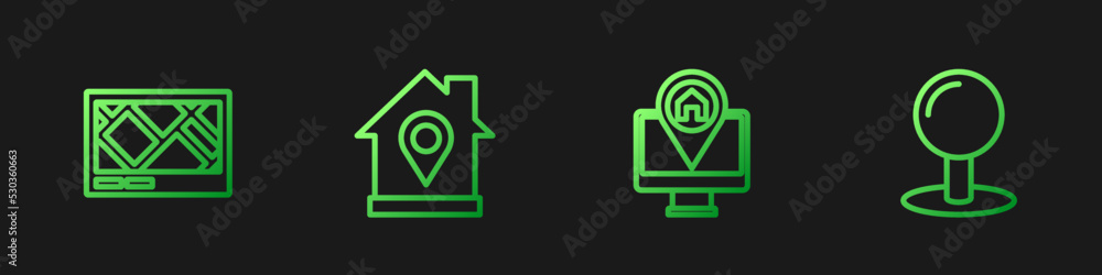 Poster set line monitor with map location, gps device, location house and push pin. gradient color icons. v