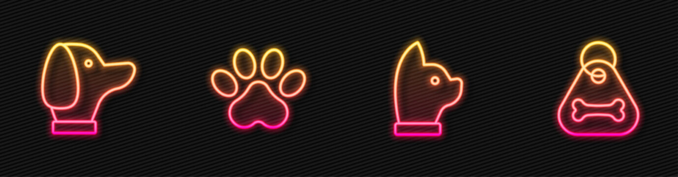 Set line Cat, Dog, Paw print and collar with bone. Glowing neon icon. Vector