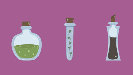 Set of doodle potions, flasks. Witchcraft potions isolated stickers. Vector magic halloween illustration.