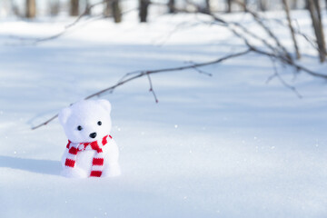 Lonely polar bear toy with a striped scarf in the snow.