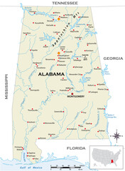 Highly detailed physical map of the US state of Alabama