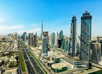 Naklejka na ściany i meble Aerial view Dubai city skyscrapers Sheikh Zayed Road