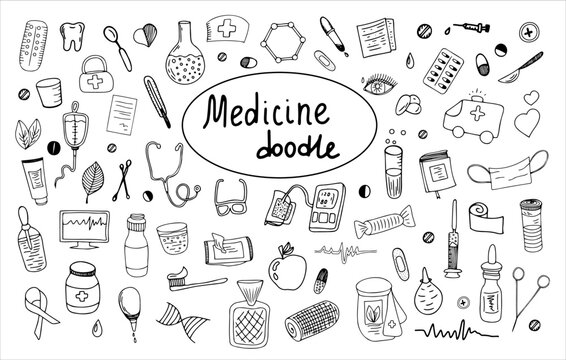 Set of medical elements.Hand-drawn vector illustrations. Black and white icons, doodles, sketches, templates isolated on white. Medicine, treatment, ambulance, vaccine, polyclinic, hospital.