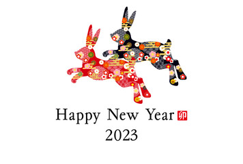 2023年卯年年賀状-和柄兎と白色背景素材	
