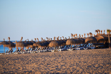 straw umbrellas and beach loungers on the beach