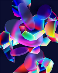 Abstract polygonal iridescent shapes with glass circles . Colorful background of gradient vector crystals.