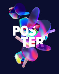 Fototapeta na wymiar Abstract polygonal iridescent shapes with glass circles. Geometric poster design of gradient vector crystals.