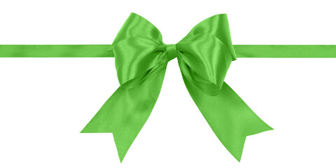 Shiny green satin ribbon with bow isolated on a transparent background.
