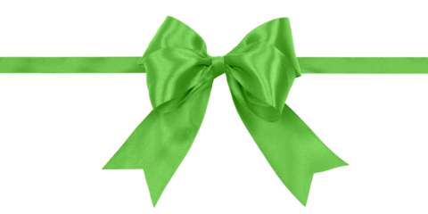 Shiny green satin ribbon with bow isolated on a transparent background.