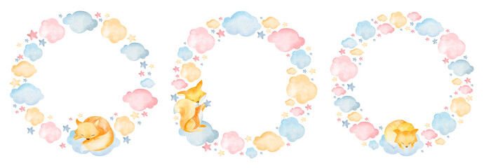 Watercolor frame cartoon fox cub invitation frame template with constellations, clouds. Round frame for a postcard on a white background.