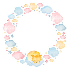 Watercolor frame cartoon fox cub invitation frame template with constellations, clouds. Round frame for a postcard on a white background.