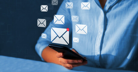 E-mail letter marketing and marketing businesses. Analysis of new messages.Reading email on virtual...