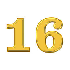 Gold 3d number 16, PNG transparent background, birthday celebrations, social media.