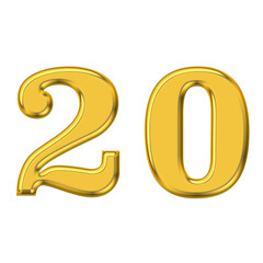 Gold 3d number 20, PNG transparent background, birthday celebrations, social media.