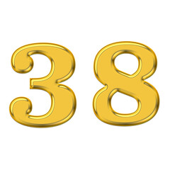 Gold 3d number 38, PNG transparent background, birthday celebrations, social media.
