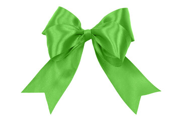 Shiny green satin ribbon with bow isolated on a transparent background.