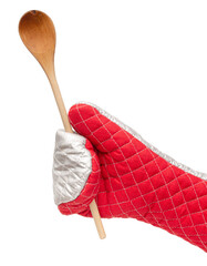 Red and silver oven mitt holding wooden kitchen spoon.