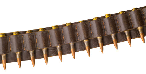 Leather bandolier with 7.62 ammunition isolated on white. - obrazy, fototapety, plakaty