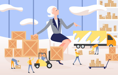 Vector flat illustration of the woman boss on the stock, store, storehouse, and depot. Sit on the chair and manage, command, lead and order about the workers.