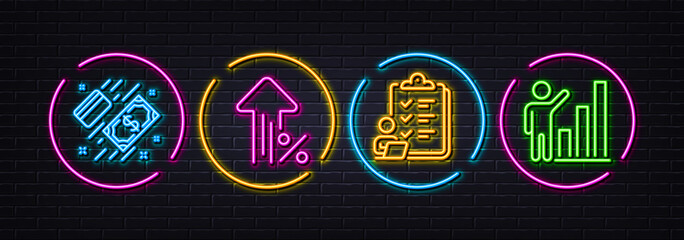 Checklist, Payment and Increasing percent minimal line icons. Neon laser 3d lights. Graph chart icons. For web, application, printing. Questioning clipboard, Money, Discount. Growth report. Vector