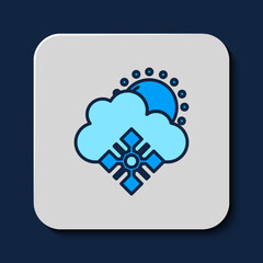 Filled outline Cloud with snow and sun icon isolated on blue background. Cloud with snowflakes. Single weather icon. Snowing sign. Vector