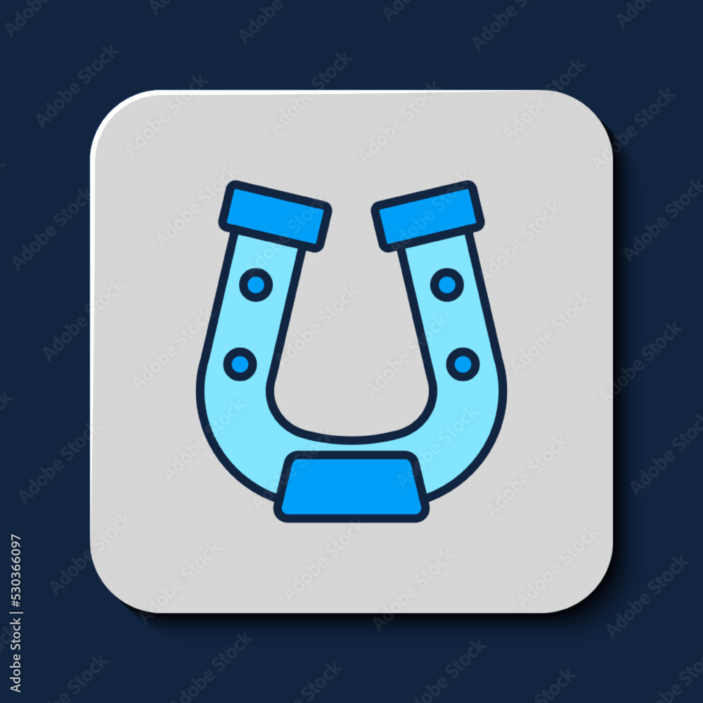 Sticker Filled outline Horseshoe icon isolated on blue background. Vector