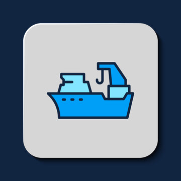 recommend clip art: Filled outline Fishing boat icon isolated on blue background. Fishing trawler. Vector
