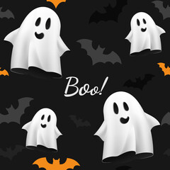 Halloween orange and black festive seamless pattern. Endless background with bats and ghosts. Poltergeist spirit. Costume of monster for Halloween. Boo text Template design for decoration
