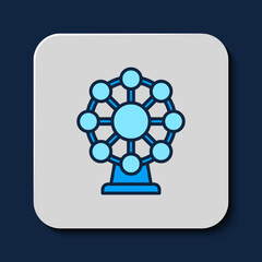 Filled outline Ferris wheel icon isolated on blue background. Amusement park. Childrens entertainment playground, recreation park. Vector