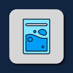 Filled outline Plastic bag of drug icon isolated on blue background. Health danger. Vector