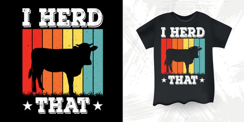 I Herd That Funny Cow Lover Retro Sunset Vintage American Flag Cow T-shirt Design
