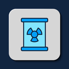 Filled outline Radioactive waste in barrel icon isolated on blue background. Toxic refuse keg. Radioactive garbage emissions, environmental pollution. Vector