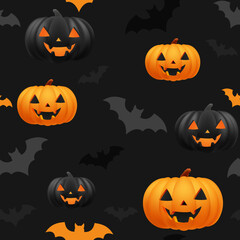 Halloween orange and black festive seamless pattern. Endless background with pumpkins, jack o lantern funny smiling face, bats. Cartoon texture for print. Template design for scrapbooking. Decoration
