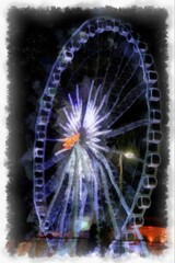 Ferris wheel night landscape watercolor style illustration impressionist painting.