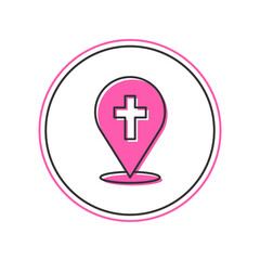 Obraz premium Filled outline Map pin church building icon isolated on white background. Christian Church. Religion of church. Vector