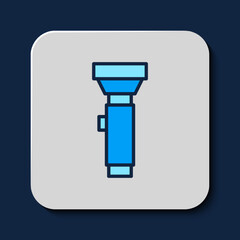 Filled outline Flashlight icon isolated on blue background. Vector